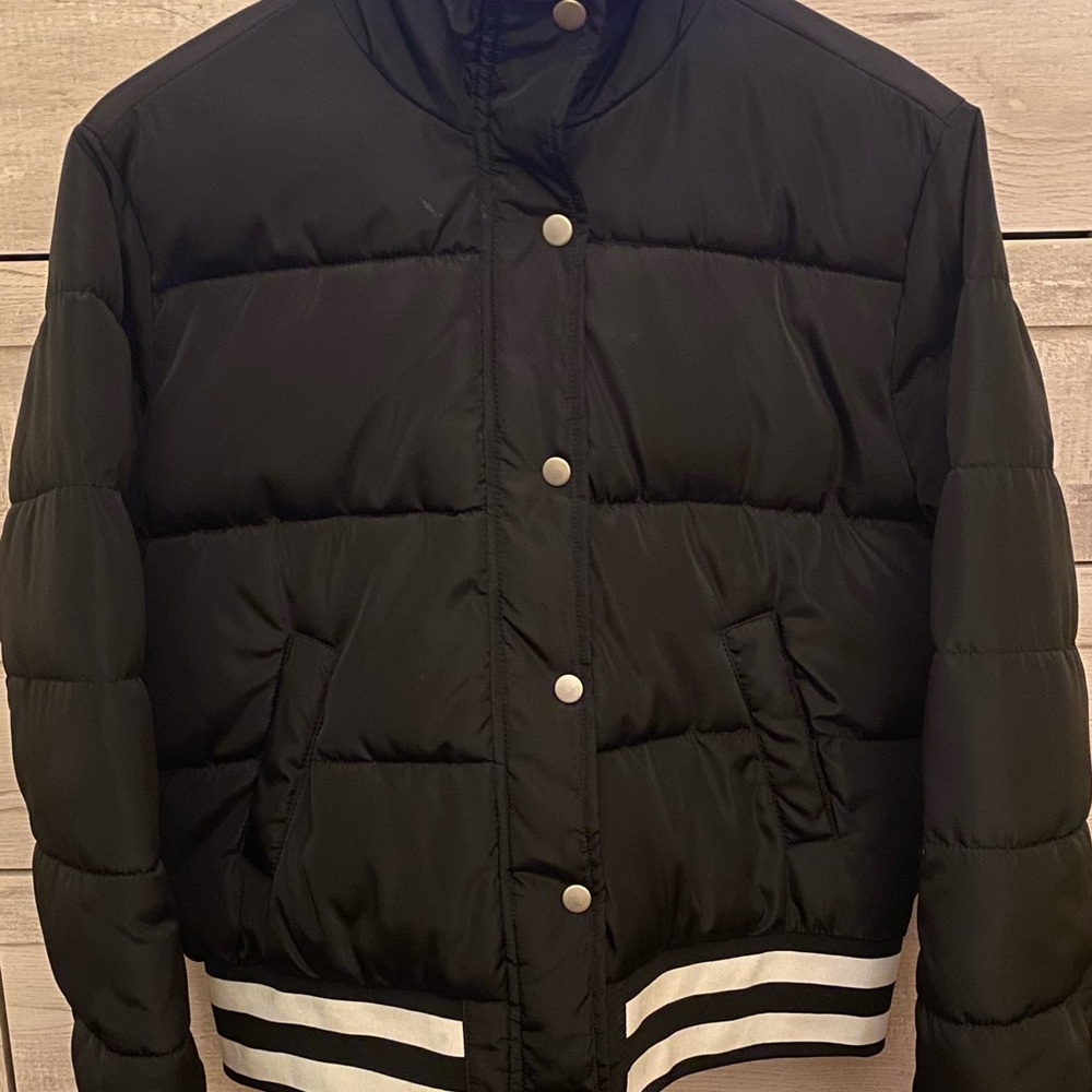 Black Puffer Jacket with Striped Cuffs & Hem
